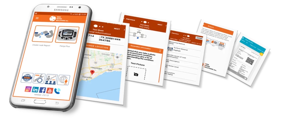 HSS Water Leak Detection App on mobile device multiple screens
